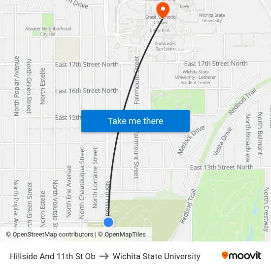 Hillside And 11th St Ob to Wichita State University map