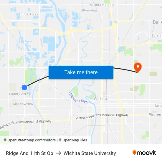 Ridge And 11th St Ob to Wichita State University map