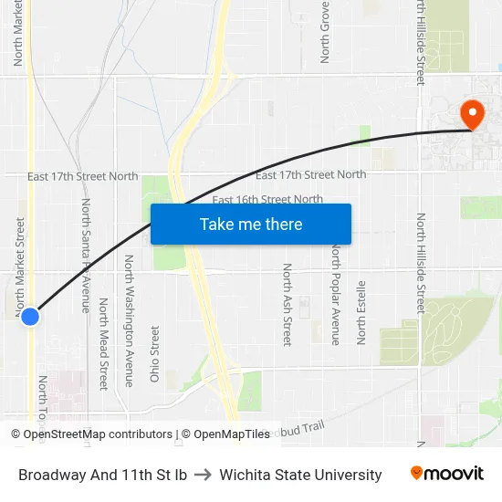 Broadway And 11th  St Ib to Wichita State University map