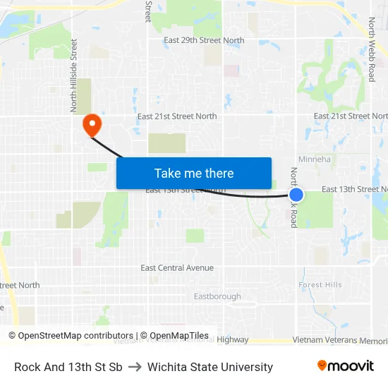 Rock And 13th St Sb to Wichita State University map