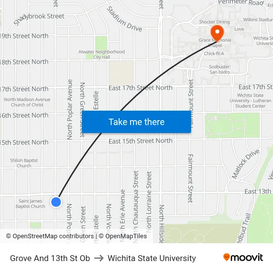 Grove And 13th St Ob to Wichita State University map