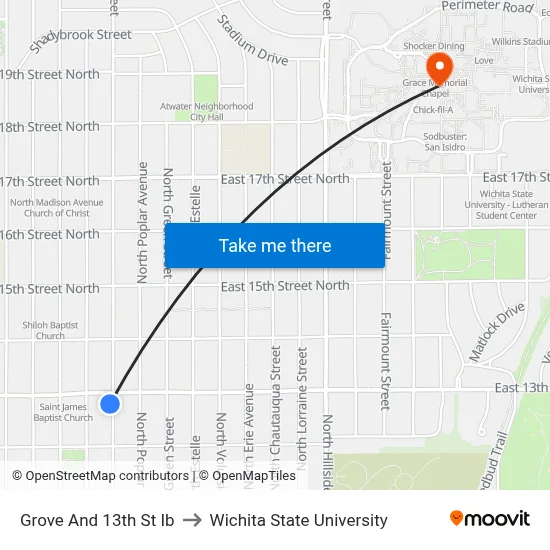 Grove And 13th St Ib to Wichita State University map