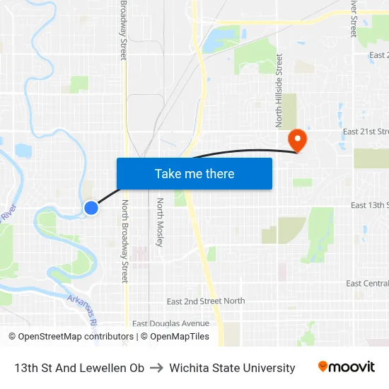 13th St And Lewellen Ob to Wichita State University map