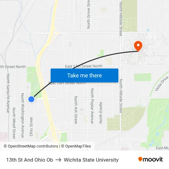 13th St And Ohio Ob to Wichita State University map