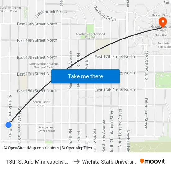13th St And Minneapolis Ob to Wichita State University map