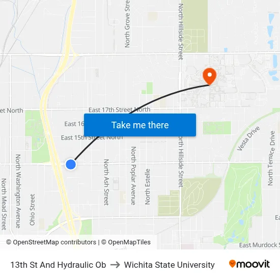 13th St And Hydraulic Ob to Wichita State University map
