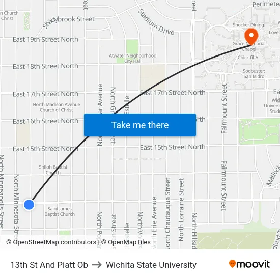13th St And Piatt Ob to Wichita State University map
