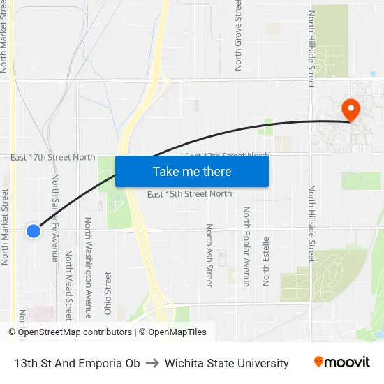 13th St And Emporia Ob to Wichita State University map