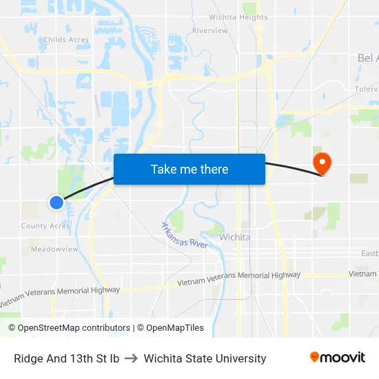 Ridge And 13th St Ib to Wichita State University map