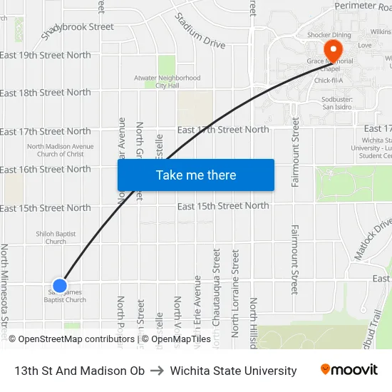 13th St And Madison Ob to Wichita State University map