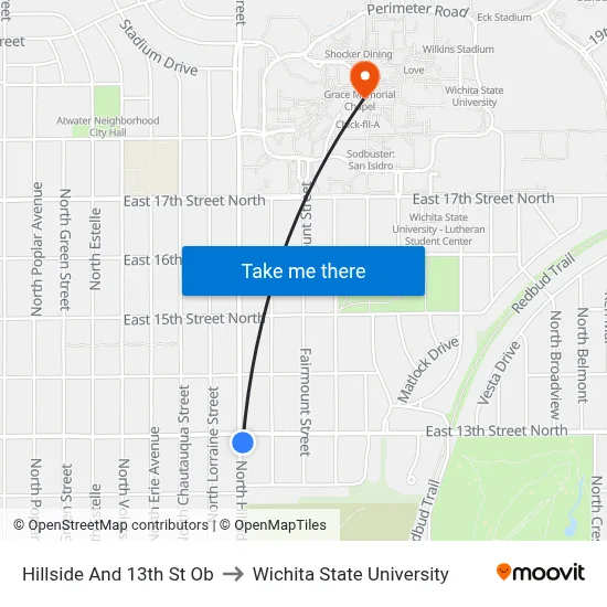 Hillside And 13th St Ob to Wichita State University map