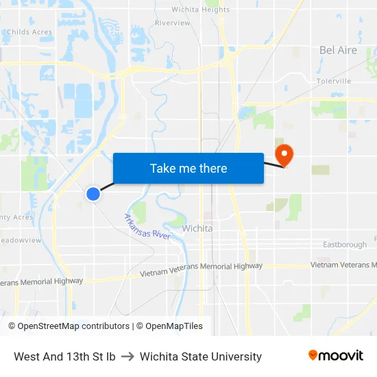 West And 13th St Ib to Wichita State University map