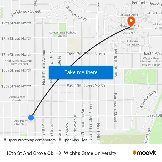 13th St And Grove Ob to Wichita State University map