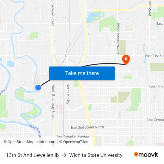 13th St And Lewellen Ib to Wichita State University map