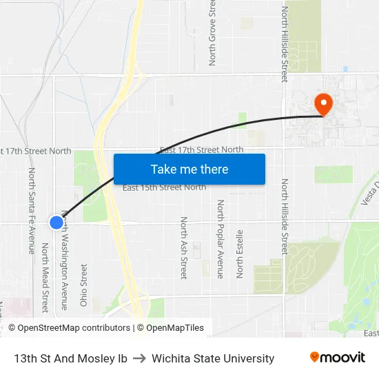 13th St And Mosley Ib to Wichita State University map