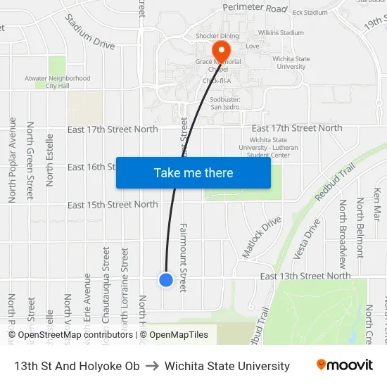 13th St And Holyoke Ob to Wichita State University map