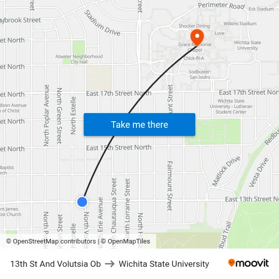 13th St And Volutsia Ob to Wichita State University map