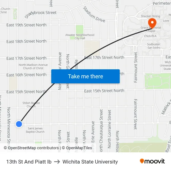 13th St And Piatt Ib to Wichita State University map