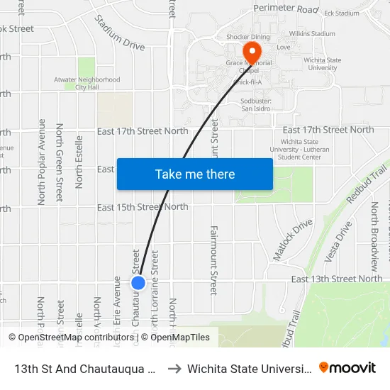 13th St And Chautauqua Ob to Wichita State University map