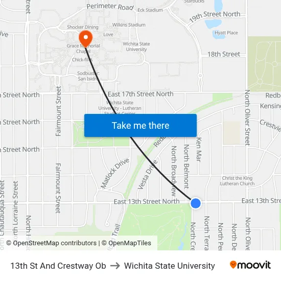 13th St And Crestway Ob to Wichita State University map