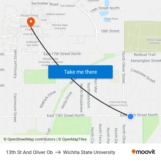 13th St And Oliver Ob to Wichita State University map