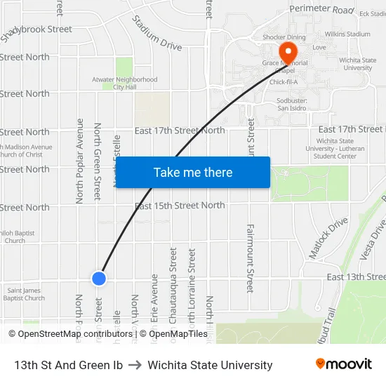 13th St And Green Ib to Wichita State University map