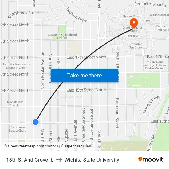 13th St And Grove Ib to Wichita State University map