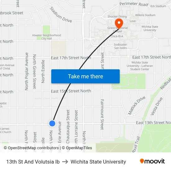 13th St And Volutsia Ib to Wichita State University map