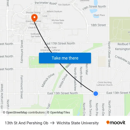 13th St And Pershing Ob to Wichita State University map