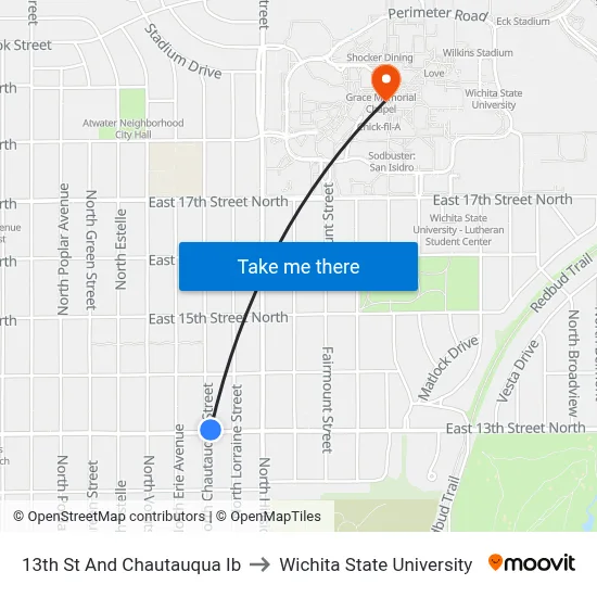 13th St And Chautauqua Ib to Wichita State University map