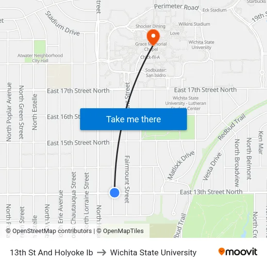 13th St And Holyoke Ib to Wichita State University map