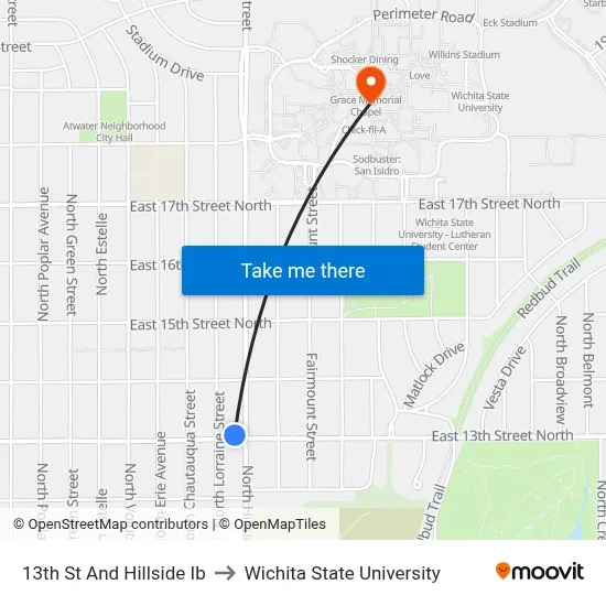 13th St And Hillside Ib to Wichita State University map