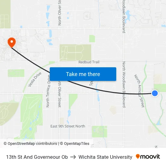 13th St And Governeour Ob to Wichita State University map