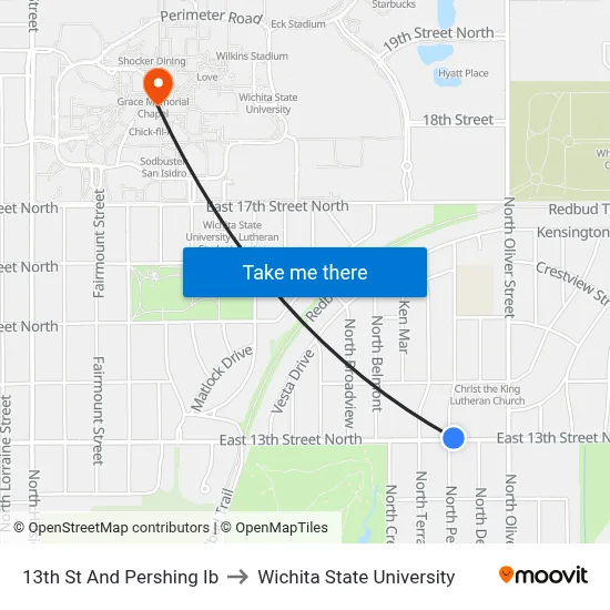 13th St And Pershing Ib to Wichita State University map