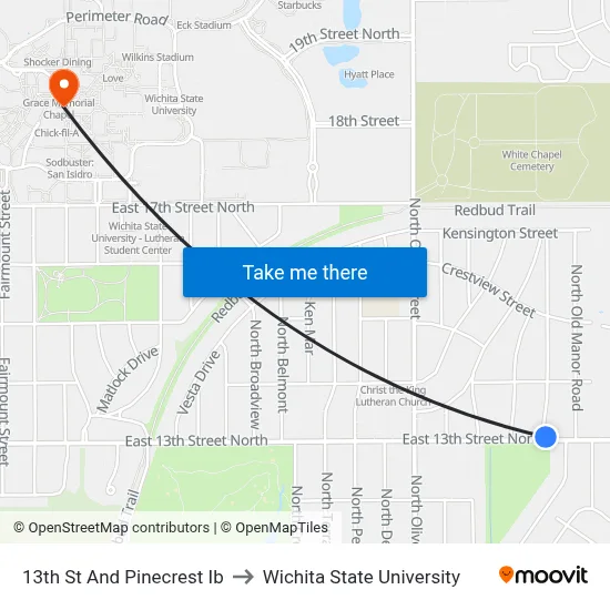 13th St And Pinecrest Ib to Wichita State University map