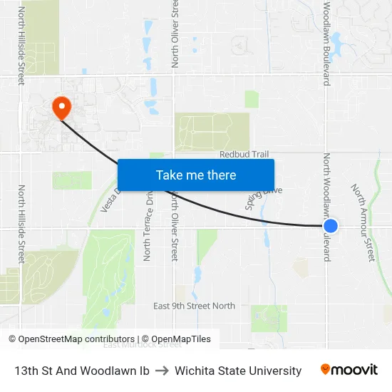 13th St And Woodlawn Ib to Wichita State University map