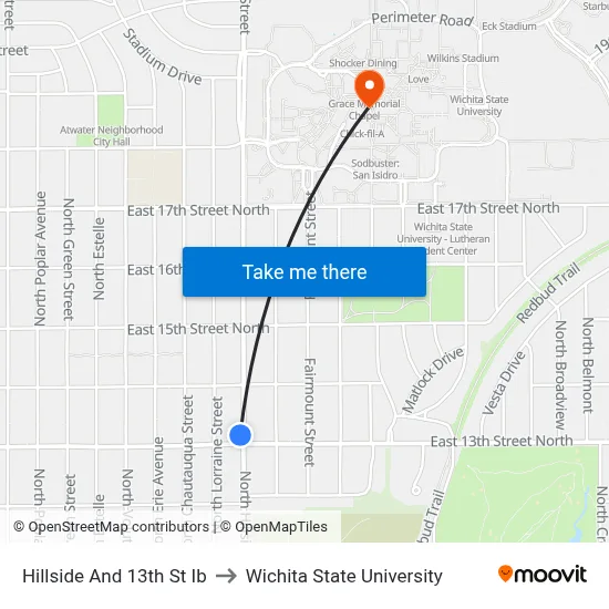 Hillside And 13th St Ib to Wichita State University map