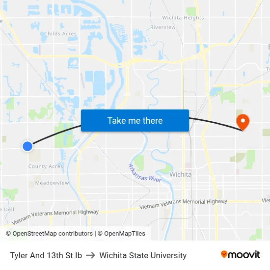 Tyler And 13th St Ib to Wichita State University map