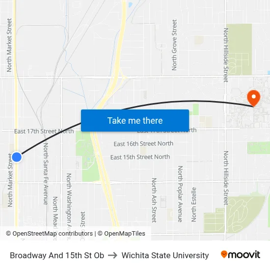 Broadway And 15th St Ob to Wichita State University map