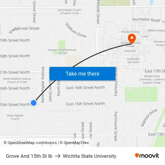 Grove And 15th St Ib to Wichita State University map