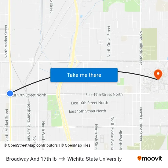 Broadway And 17th Ib to Wichita State University map