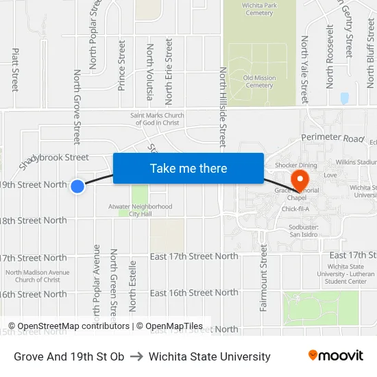 Grove And 19th St Ob to Wichita State University map