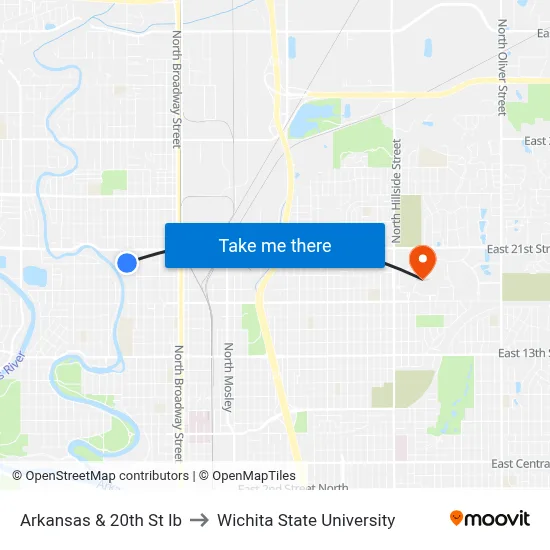 Arkansas & 20th St Ib to Wichita State University map