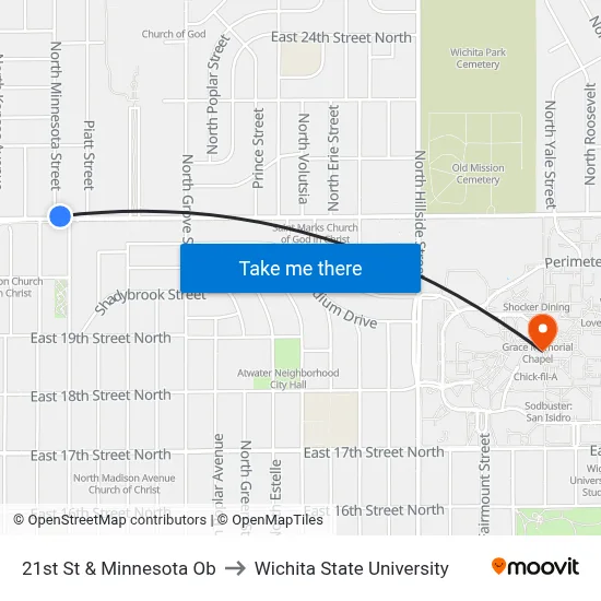21st St & Minnesota Ob to Wichita State University map