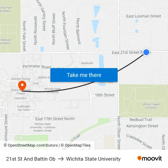 21st St And Battin Ob to Wichita State University map
