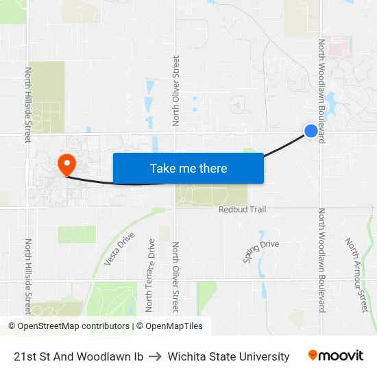 21st St And Woodlawn Ib to Wichita State University map
