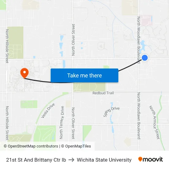 21st St And Brittany Ctr Ib to Wichita State University map