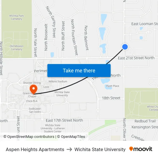 Aspen Heights Apartments to Wichita State University map