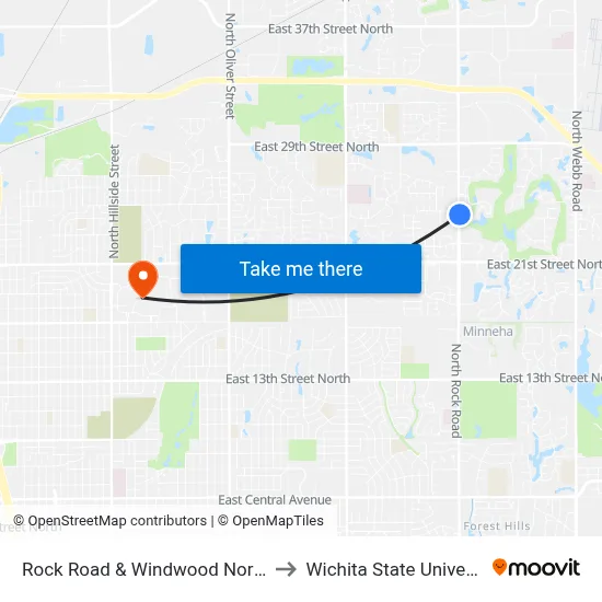 Rock Road & Windwood Northbd to Wichita State University map