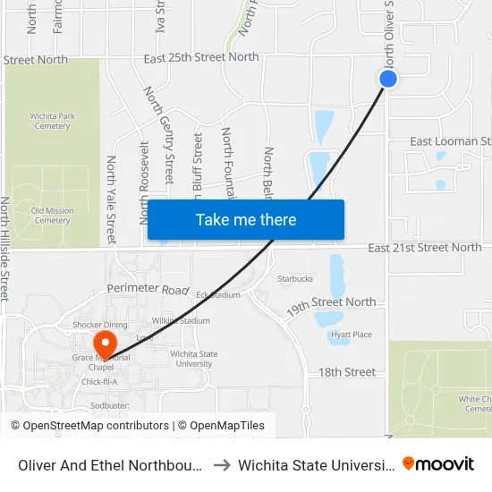 Oliver And Ethel Northbound to Wichita State University map